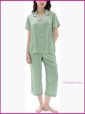 Satin Capri Pajama Set Short Sleeve Button Down Pjs Lightweight Loungewear